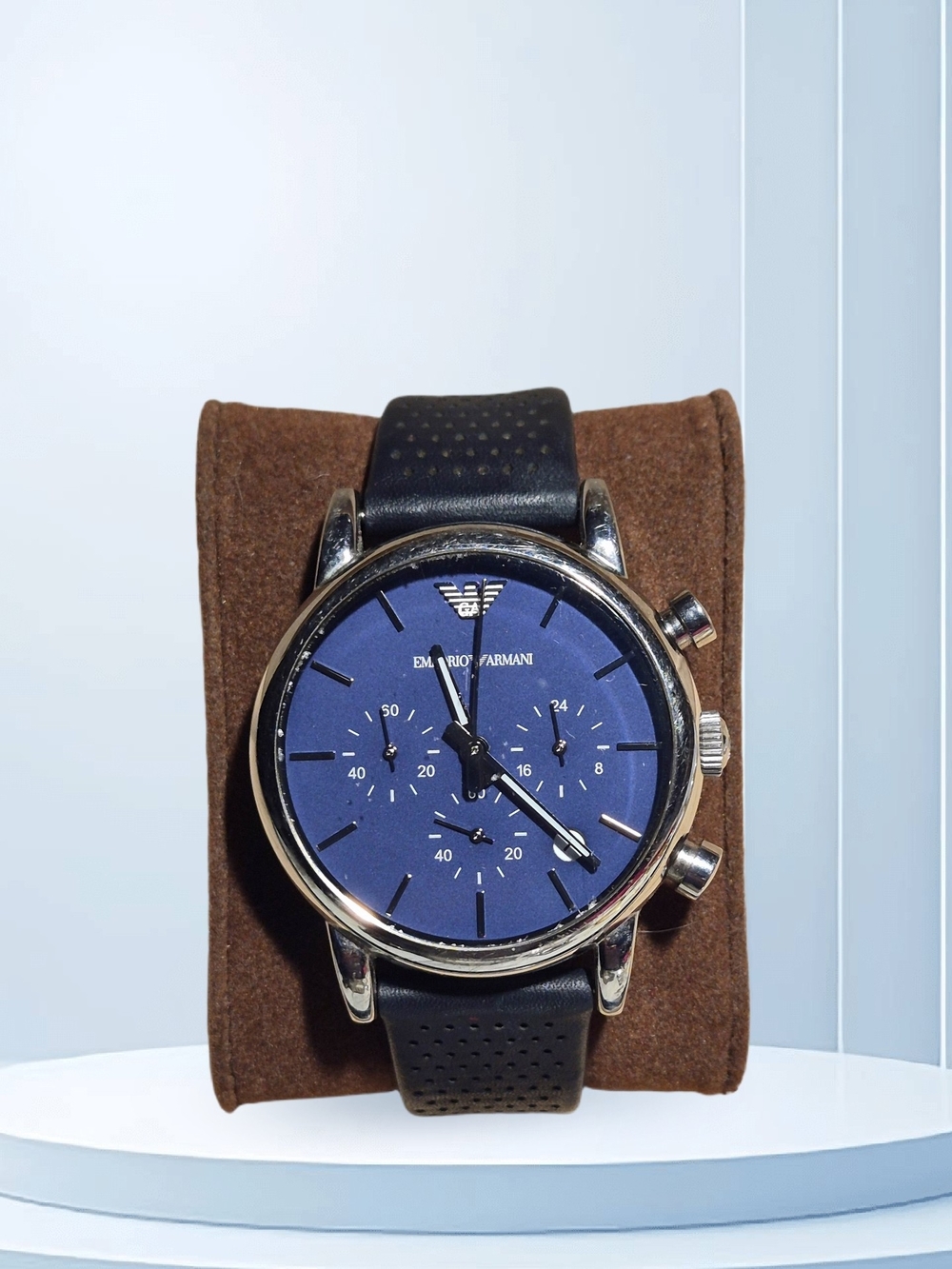 Emporio Armani Men’s Blue Dial Chronograph Watch with Black Leather Strap